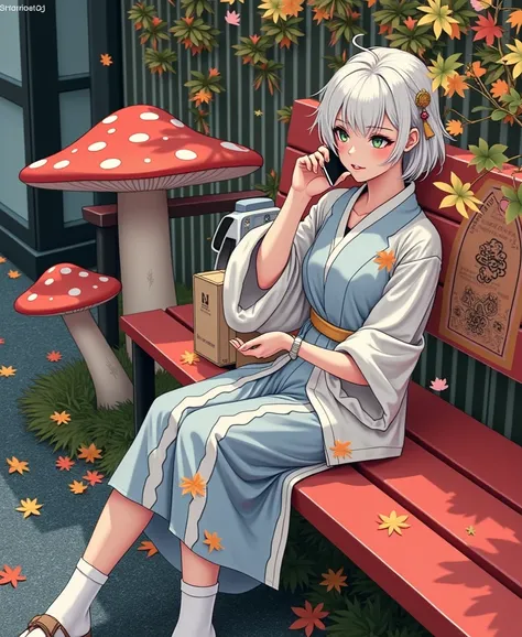 Woman sitting on bench talking on cell phone, Sengai&#39;s paintings,  instagram, Folk art, japanese clothes, ❤🔥🍄🌪, 🍂 cute, shikamimi, WHITE HIMECUT HAIRSTYLE , 🍁 cute, Ulzzang, Chiho, Japanese style, japanese street fashion, Bookmark, street fashion in ja...