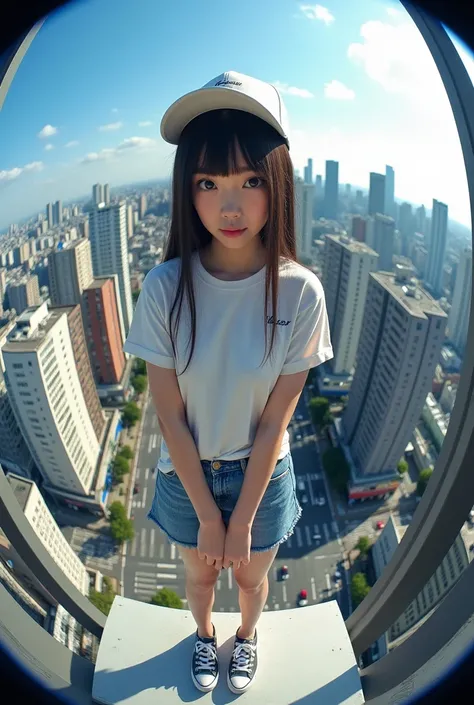 ((best quality)), ((masterpiece)), (detailed), 1girl, 
Japanese beautiful girl,
 You can see the urban cityscape taken from a high position with a fisheye camera、 Straight Long Hair 、 and look straight ahead、White Cap,Large gray dowel trainer 、Denim Mini、d...