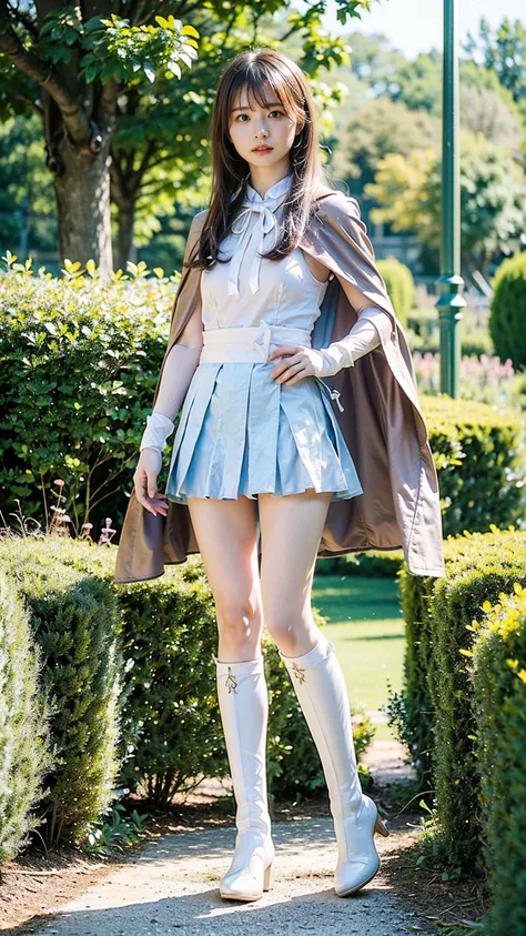 (8k、 RAW photo、 best quality、masterpiece:1.2)、(Realistic、Realistic)、 1 girl、((White and light blue、garden、Cape、 miniskirt、Thin legs、whole body、 boots、 front view、ribbon、stand))、cute