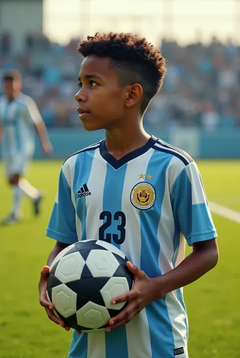 a  boy name by Fahim jersey number 23 who have a football in his hand and he is looking at a football field backside photo with argentina jersey
