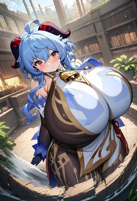 8k, masterpiece, best quality, ultra detailed, Ultra-high resolution, Highly detailed CG, break, 1girl, ganyu(genshin impact), kawaii, nsfw, gigantic breasts, (completely nude:1.2), full body, indoors, standing