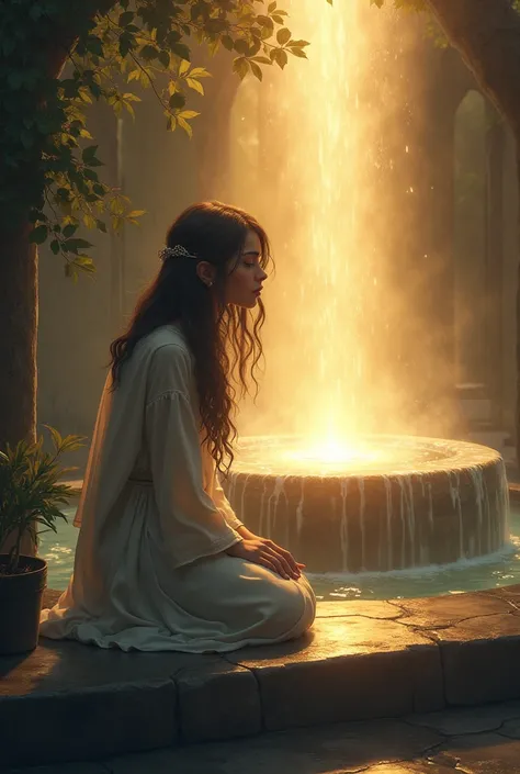  Image Description :  Agar kneeling beside the fountain ,  with eyes filled with tears of gratitude,  as divine light illuminates it . The well shines in the background .