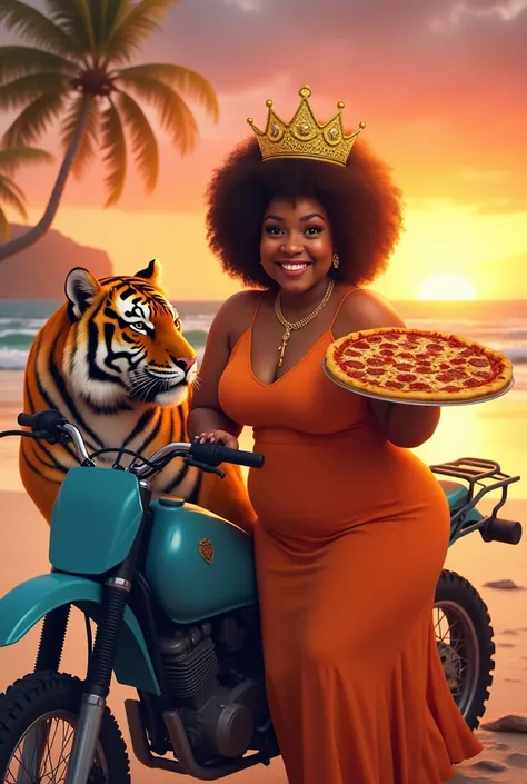 Slightly chubby black brown woman , ligeiramente gordinha,  curly hair photo , smiling,  wearing an orange dress and a golden queens crown, next to a blue trail motorcycle with a high fender,  holding a pizza and caressing a big tiger , At sunset on a beau...