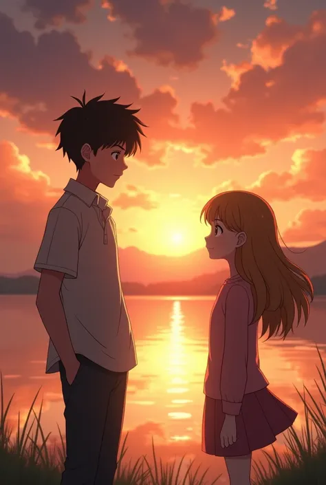 In anime, a 20 years old boy and a 19 year old girl, the boy is a very tall , in the lake side , the boy look at the short girl in 2 inches distance with small smile and the girl also looking at the boy , at the sunset 