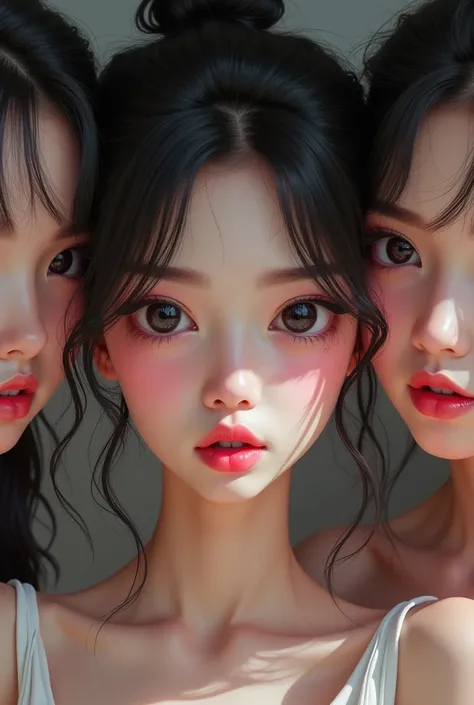  3 women, A beautiful Japanese woman in her 20s wearing a glossy magenta lip gloss, Big eyes, Big eyes,  big tear bag ,  long lashes, Realistic