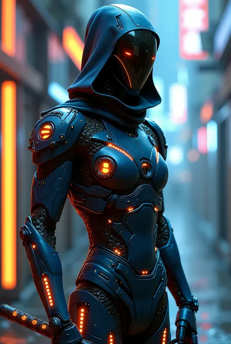 live-action、 real、Ninja-based android 、 cyberpunk suit、Android with parts that emit light 、Detailed decoration、Slender and muscular body 、Navy blue and orange coloring、 equipped with a laser sword on the elbow、
