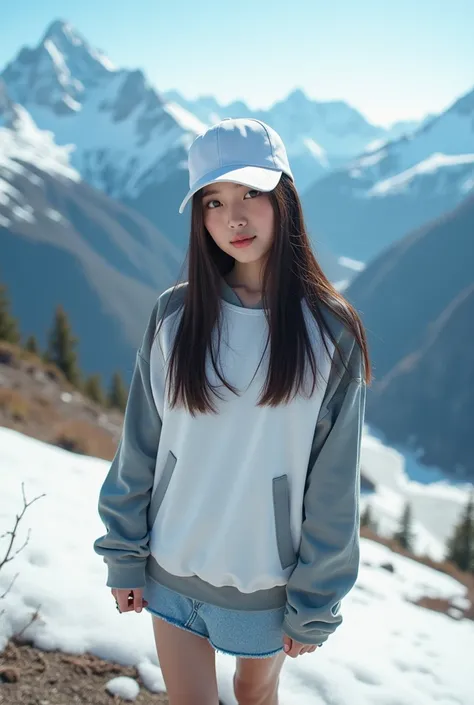 ((best quality)), ((masterpiece)), (detailed), 1girl, 
Japanese beautiful girl,
 I can see the Alps taken from a high position with a fisheye camera、 Straight Long Hair 、 and look straight ahead、White Cap,Large long-sleeved trainer with gray dowels 、Denim ...