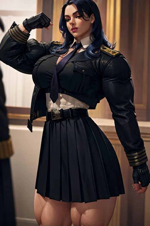 ((Close-up)), tall, (royal blue hair), beautiful muscular woman, long curly wavy hair, white skinned, (huge breast), closed smile, black lipstick, (massive muscles), (hyper muscle), (((ginormous bulky muscles))), white eyes, (((((wearing dark military_unif...