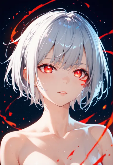 1girl, Alone,silver hair, red glowing eyes, short hair,