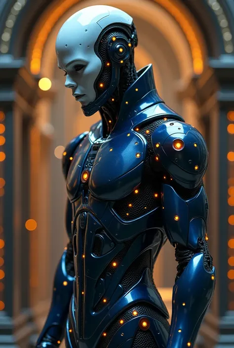 live-action、 real、Phantom of the Opera based android、 cyberpunk suit、Android with parts that emit light 、Detailed decoration、Slender and muscular body 、Navy blue and orange coloring、
