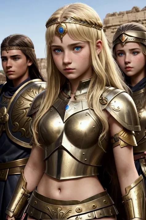 teen girl, age 15, detailed face, blonde, roman warrior, princess blade, valkyrian princess teenager girl, small breasts, mini cropped, background in old bronze age roman empire
