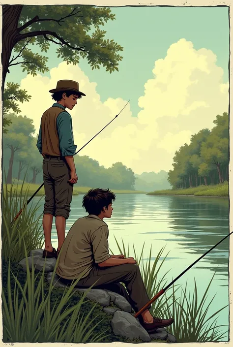 Panel 2:

Scene: Huck looks thoughtful as Jim fishes.

give a comic strip based on the scene above from Huckleberry Finn