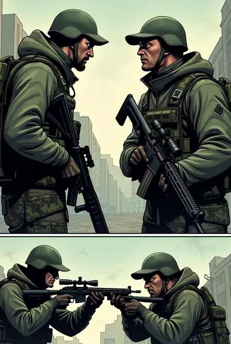 a Ukrainian sniper vs Russian sniper but they both hesitate to shoot (Comic strip)