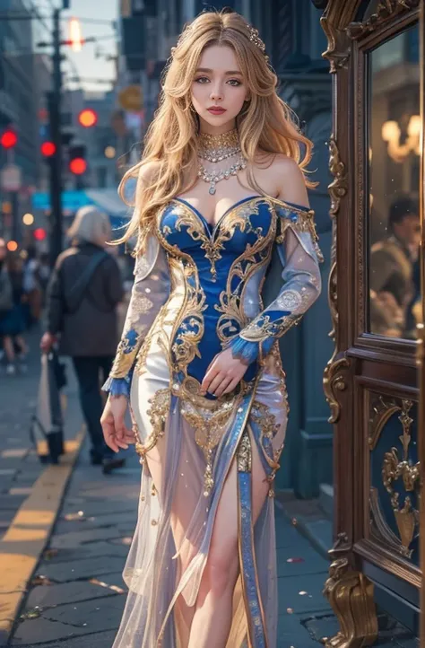   a very detailed portrait of a beautiful young woman with striking blue eyes,  Long Golden Hair, And Slendeguia  , He is wearing an antique tuxedo with bare shoulders.., Set in an urban environment, ( best quality, 4K, 8k,   high definition , masterpiece:...