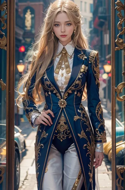   a very detailed portrait of a beautiful young woman with striking blue eyes,  Long Golden Hair, And Slendeguia  , He is wearing an antique tuxedo with bare shoulders.., Set in an urban environment, ( best quality, 4K, 8k,   high definition , masterpiece:...