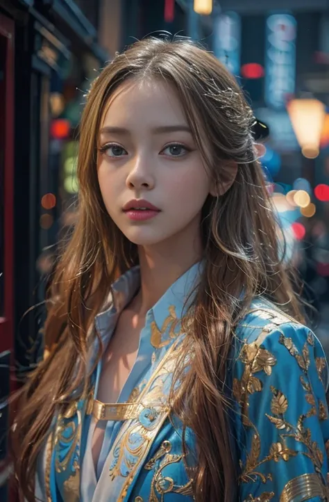   a very detailed portrait of a beautiful young woman with striking blue eyes,  Long Golden Hair, And Slendeguia  , He is wearing an antique tuxedo with bare shoulders.., Set in an urban environment, ( best quality, 4K, 8k,   high definition , masterpiece:...