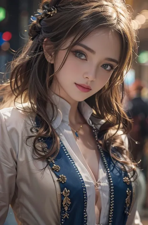   a very detailed portrait of a beautiful young woman with striking blue eyes,  Long Golden Hair, And Slendeguia  , He is wearing an antique tuxedo with bare shoulders.., Set in an urban environment, ( best quality, 4K, 8k,   high definition , masterpiece:...