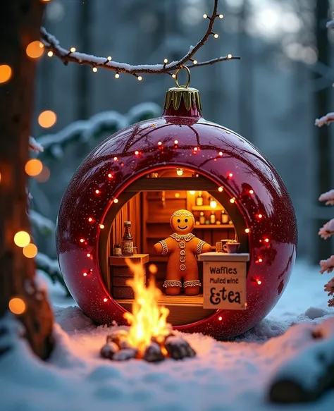 a red christmas tree ball reflects the following scene: the xmas market is set up and a tiny little wood cabin is covered by snow and xmas lights, located in a small forest. a gingerbread man is standing inside the cabin, selling drinks at a small bar. the...