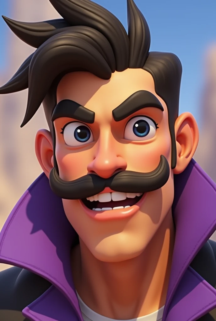  Close-up of a cartoon character with a mustache and a purple jacket, as an  character overwash ,  from Overwatch ,  Borderland 3  style, Look arrogant ,  Borderland 3 , sigma  from Overwatch , Close-up characters, as  character overwash ,  close-up charac...