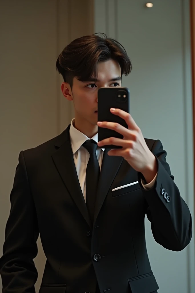 Mirror selfie of teenage man using his phone while wearing black formal suite
