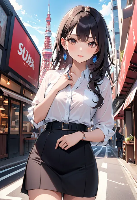  best quality,  amazing,delicate,  super detailed, beautiful, 8k ,  1 girl,  black long hair by lla,Business shirts,  earrings for a woman alone, Outdoor,  bright 、Married Woman,sunlight、Clear skies、Cafes in Tokyo、Skyscrapers in the background、 Tokyo tower...