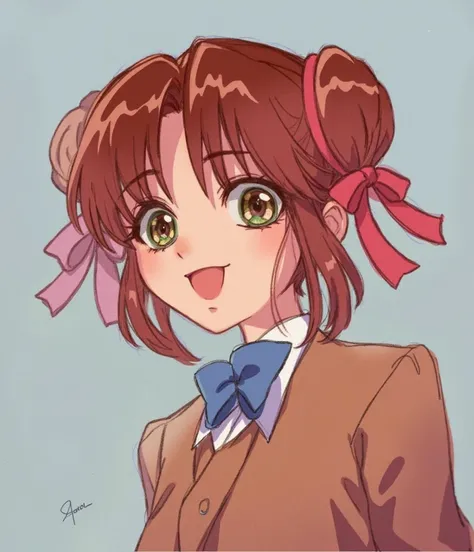 realistic image of a student in brown hair on a bun style hair wearing brown student uniform with blue ribbon collar