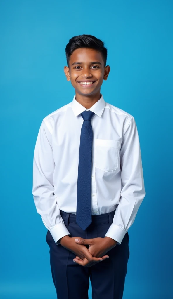 1 Indian boy wearing formals and posing for interview for linked in blue colour background