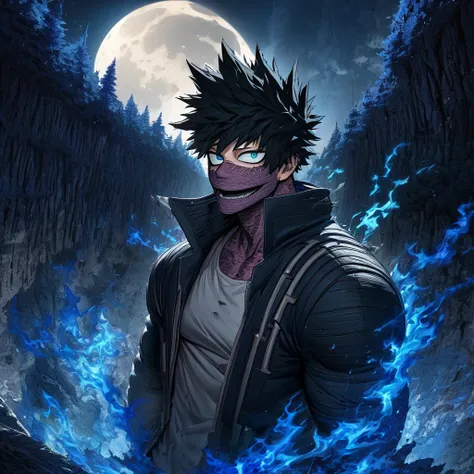 Ultra detailed, highres, absurdres, HDR, Dabi, black hair that spikes upward around his head, turquoise eyes, Boku No Hero Academia, blue forest, white tight T-shirt, 1 man only, blue flames, handsome, moon, black long coat,