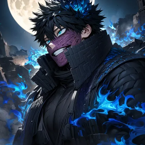 absurdres, highres, ultra detailed, HDR, masterpiece, extremely detailed face and eyes, Dabi, black hair spiked around his head, hair between the eyes, expressive turquoise eyes, boku no hero academia, solo, sexy man, handsome, black coat, black tight shir...