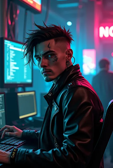  Cyberpunk male character , Hacker, Netrunner,  cyber eyes ,  USB ports around the neck , Skinny Athletic,  in a room full of monitors and cables, Full of Neon ,  punk look , rebel.