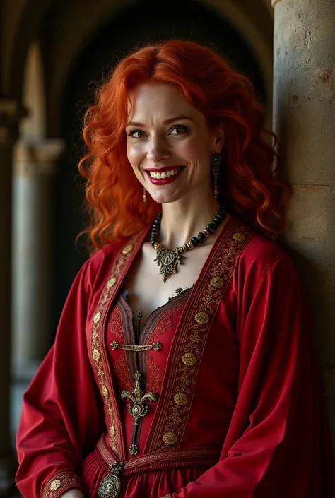 vertical image,  close up of wicked empress , beautiful in her 50s , red curly hair and red eyes ,  smiling maliciously ,  in the background of a dark interior castle ,  wearing luxurious red clothes from ancient Persia