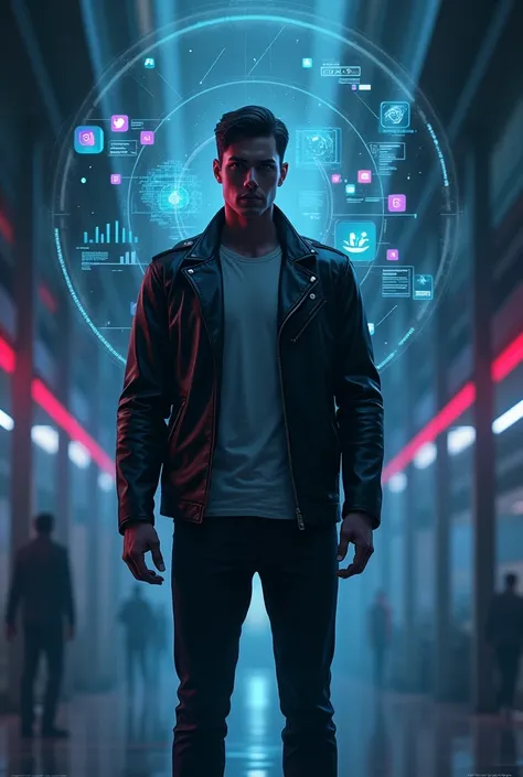 "A 2D illustration in the style of Kevin McShane. Depict a tall and slim man wearing a leather jacket, standing in a dark, futuristic setting. Surround his head with floating social media icons like Instagram, Twitter, and TikTok, glowing softly. Add a hol...