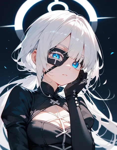  ,White hair,Long hair, eyes patch, in blue eyes, medium breasts,Crossed eyes,Dark circles under the eyes,cute,Wearing black gloves , Black Long Sleeve Suit,Small Hair Tie ,cute