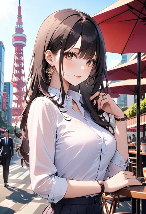  best quality,  amazing,delicate,  super detailed, beautiful, 8k ,  1 girl,  black long hair by lla,Business shirts,  earrings for a woman alone, Outdoor,  bright 、Married Woman,sunlight、Clear skies、Cafes in Tokyo、Skyscrapers in the background、 Tokyo tower...