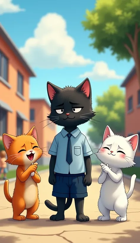 an  illustration set in a schoolyard, showing a black young kitten standing in the center, dressed in a neatly ironed school uniform—a light blue shirt, navy blue shorts, and a small matching tie. The black kitten looks sad and uncomfortable, his ears slig...