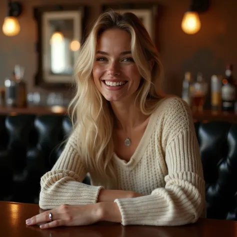 A beautiful 25-year-old woman Blonde  masterpiece, best quality, extremely detailed, hyperrealistic, photorealistic, a beautiful 20s french model, at bar, sitting a seat, face down, ivory sweater:1.2, ultra detailed face, long hair, blonde hair, pale skin,...