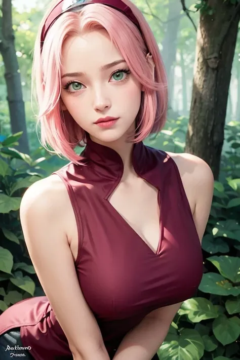 young woman, peach skin, short pink hair, wide forehead, big green eyes, buttoned nose, big pink lips, slender body, small breasts, medieval period clothing, deep neckline, Sakura Haruno, 3d
