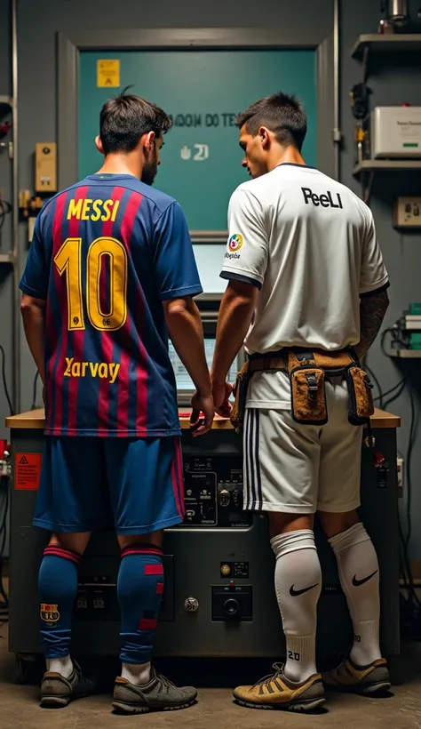 Messi wearing the Barcelona FC n°10 uniform, next to him is Cristiano Ronaldo wearing the Real Madrid FC uniform 
 They are with a tool belt tightening screws on a generator with bare wires, next to it is a time machine, the environment is cluttered with e...