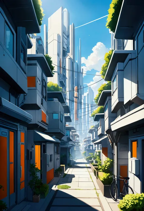 Anime futuristic neighbourhood, morning 