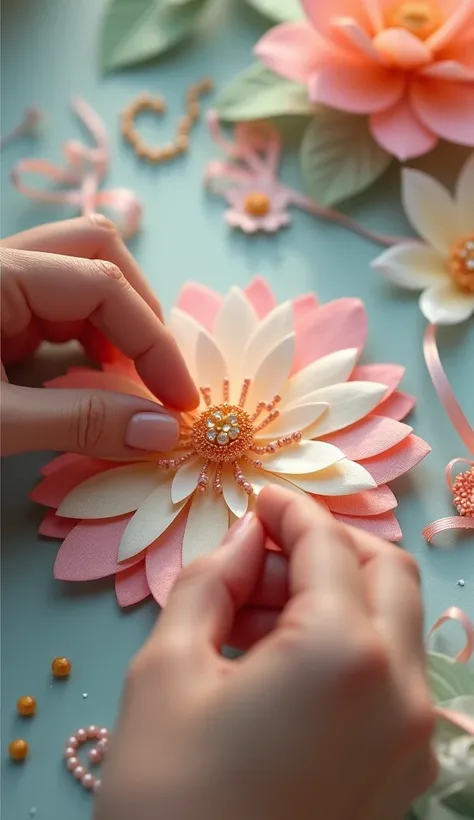 "Depict hands assembling a beautiful DIY craft, such as a flower or decorative ornament. Show fingers delicately applying glue to connect pieces of paper or attaching beads to ribbons. The craft is partially completed, and the scene should show movement as...