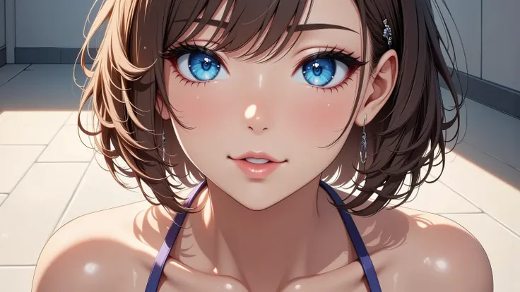 masterpiece, super detailed, best quality,8k,Illustration,  cute face, beautiful skin  ,  shiny hair,***, super detailed-eyes, ,  school swimsuit,Pool