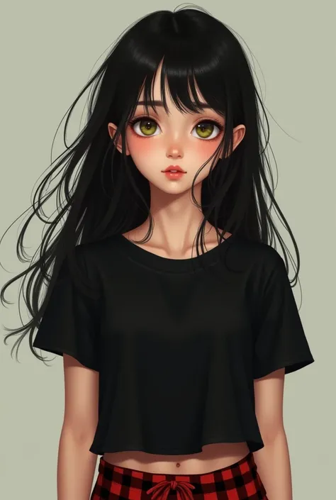 53 height girl whos wearing black t shirt and red, black checkered pajama, long black hair slightly wavy, skin colour yellow, hunter eyes and with black dark long eyelashes, lips thin cute but a bit long soft bit reddish. Very realistic.