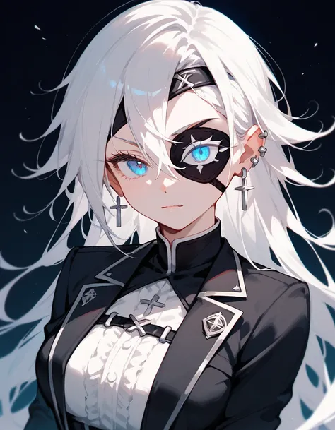  ,White hair,Long hair, eyes patch, in blue eyes, medium breasts,Crossed eyes,Dark circles under the eyes,cute,Wearing black gloves ,Black suit,Ear Piercing