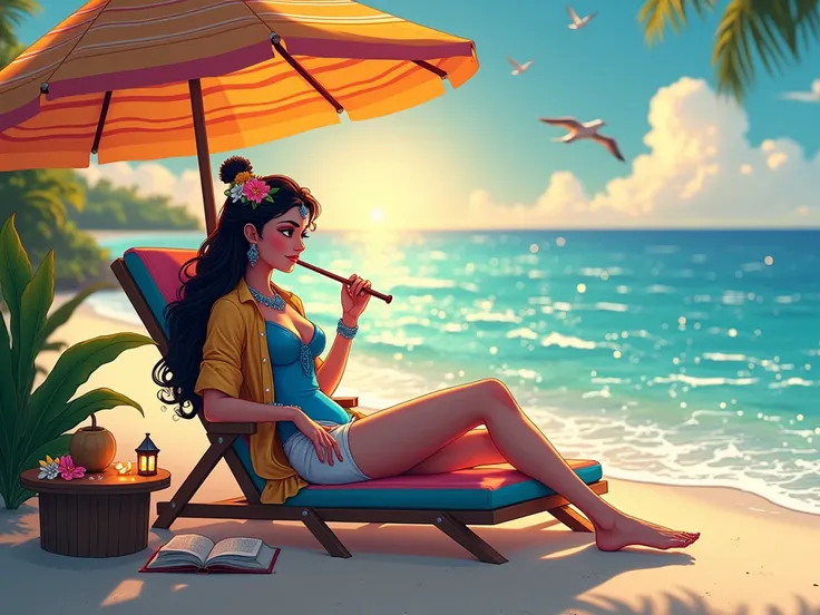 A vivid and anime inspired modern depiction of Radha and Krishna resting at a picturesque beach during sunset. Radha, with her radiant golden-white skin, exudes grace and beauty. She wears a stylish and elegant blue one-piece swimsuit with soft pink accent...