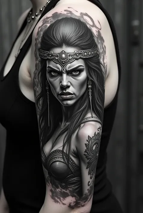 The drawing of a realistic black and white tattoo of a very sexy angry mythological warrior woman 