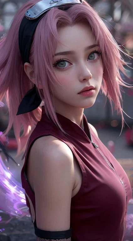 young woman, peach skin, short pink hair, wide forehead, big green eyes, buttoned nose, big pink lips, slender body, small breasts, medieval period clothing, deep neckline, Sakura Haruno, 3d
