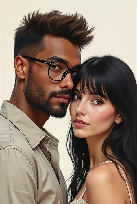 Couple in drawing,Tall brown man short straight hair bearded and wears glasses ,  white woman long hair up to the waist straight black wavy at the tip and wears bangs 
