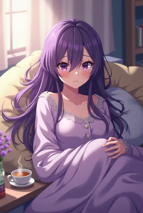 A cozy and slightly grumpy scene of a young woman with long, flowing purple hair and soft violet eyes, resembling Yuri from Doki Doki Literature Club, just waking up in her bed. Her messy hair falls over her face, and she looks visibly annoyed, her eyelids...