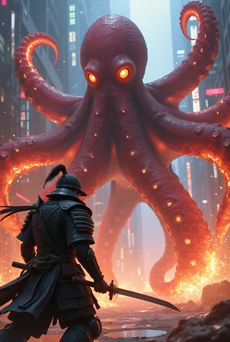 Samurai fighting an monster flaming cyberpunk octopus  