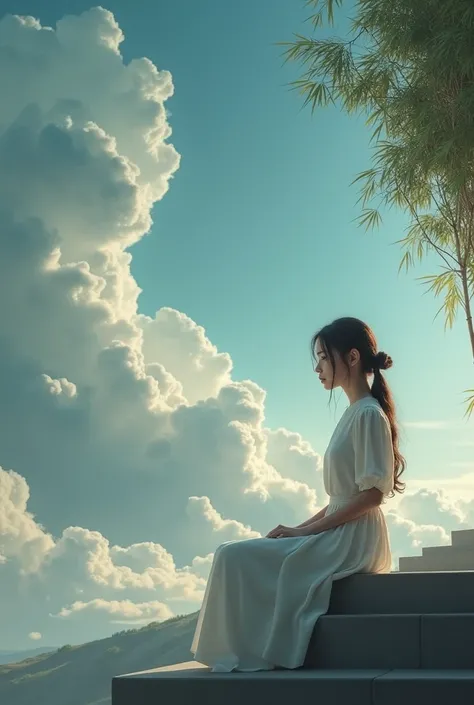 In a background of white clouds a beautiful girl wearing white Israeli dress sitting in an auditorium corner crying with sad and depressed in a long shot with a bamboo trees at the corner of the image 